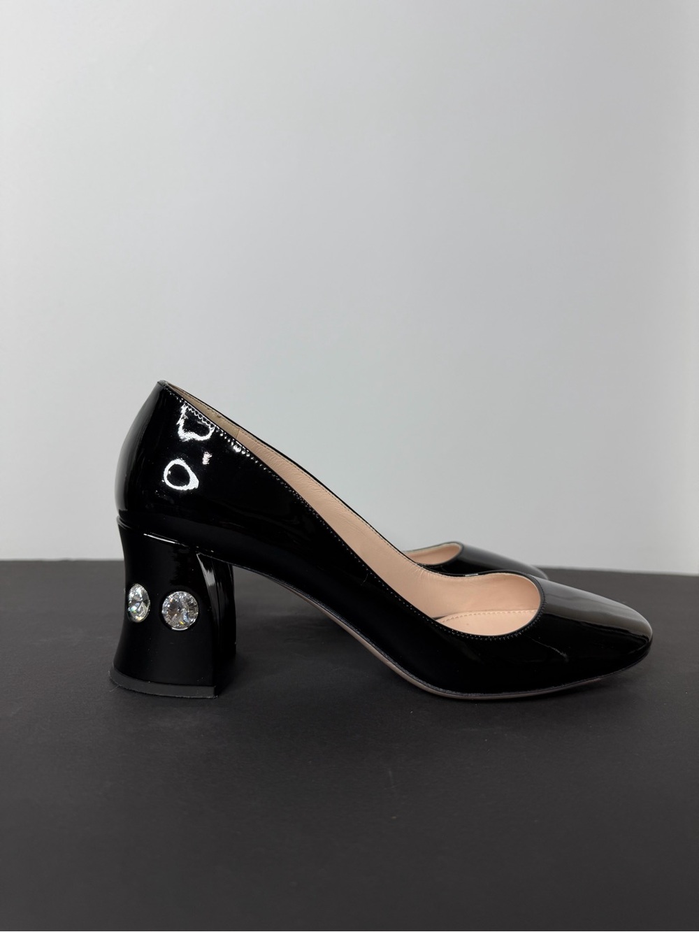 Miu Miu Black Patent Crystal-Embellished Block Heel Pumps